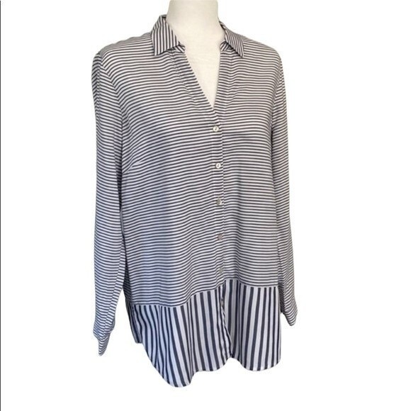 J Jill Stripe Button Front Peplum Tunic Top Blouse Oversized V-Neck Long Sleeve - Picture 1 of 13